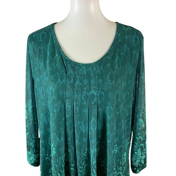 Valolia Green Boho Tunic Top Long Sleeve Floral Flowy Artsy Stretch XXL - Picture 2 of 6